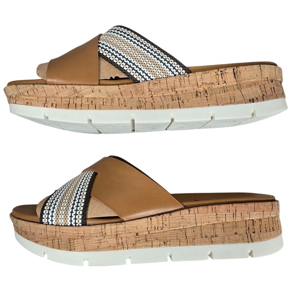 Earth Womens 11M etFINALE Wedge Platform Cork Sandals Brown Tan Beaded‎ Strap